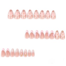 Foccna French Press on Nails Pink Short, 3D Flower Fake Nails Almond Acrylic False Nails White,Artificial Nails for Women and Girls 24pcs