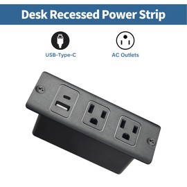 Recessed Power Strip with USB-C, Built-in Outlet Socket, Flat Plug Extension Cord, Dual Installation with Steel Brackets for Desk, Kitchen Island, Cabinet, Workbench (2AC USB-C)