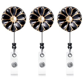 Qinsuee Soporte retráctil para insignia, carrete de identificación con perla, paquete de 3 (negro)