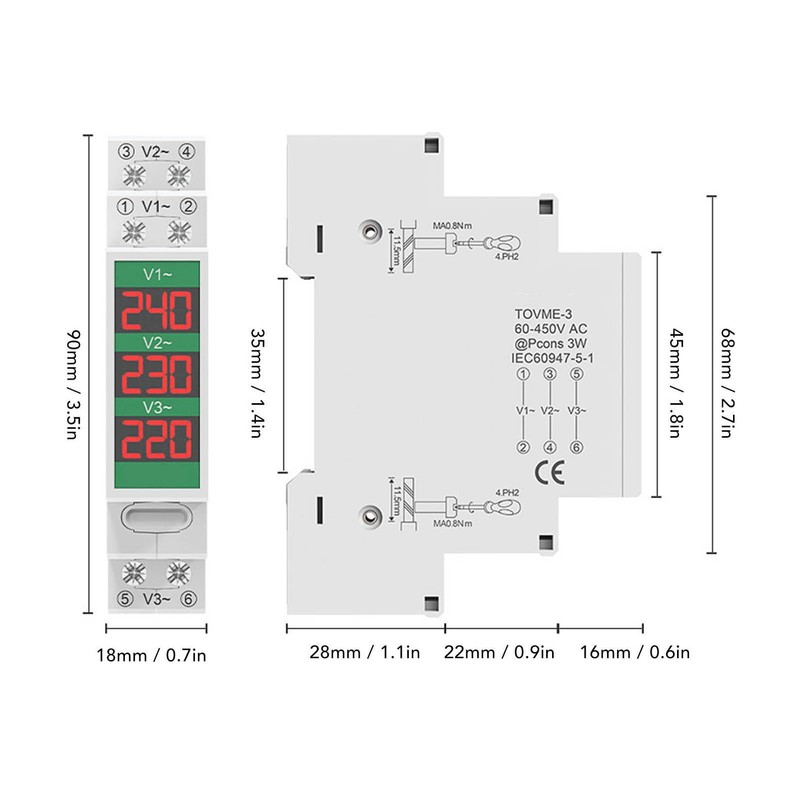 Telituny Voltmeter DIN Rail, 3-Phase AC Voltmeter, DIN Rail Mounting,