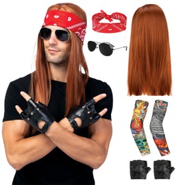 Clundoo Men's Wig, 7 Pieces Punk Gothic Rocker Kit with Headscarf, Sunglasses, Gloves, Floral Arms, Disco Rock Star Wig, 70s 80s 90s Accessories for Men