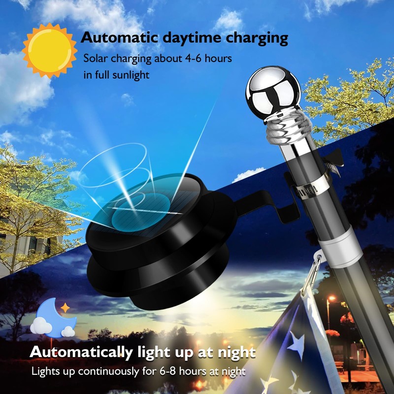 Flag Pole Light Solar Powered Warm Light 3000K, FlagPole Solar