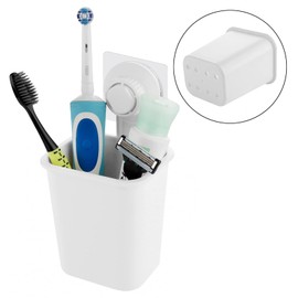 Linkidea Suction Cup Toothbrush Holder with Adhesive Paster, Wall Mounted Electric Toothbrush Holder for Bathroom, Toothpaste and Razors Stand Shower Organizer for RV (White)