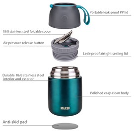 MAXSO Soup Thermo for Hot & Cold Food for Adults Kids, 17 oz Vacuum Insulated Steel Lunch Container Bento Box with Spoon, Leakproof Thermal Food Jar for School Office Travel - Green