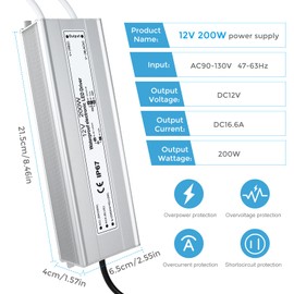 LED Driver 200W 12V LED Power Supply Transformer Adapter IP67 Waterproof 110V AC to 12V DC Low Voltage Output with 3-Prong Plug 3.3 Feet Cable for LED Strip Lighting, Outdoor Use