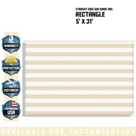 TANG 5' x 31' Shade Cloth with Grommets, Sun Shade Sail Rectangle Straight Side, UV Blocker Fabric Patio Canopy for Deck Carport Backyard Pergola Cover, White with Beige Stripes