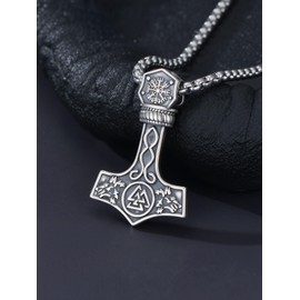 Cargari Thor Hammer Necklace Sterling Silver Mjolnir Pendant Viking Runes Necklace Norse Amulet Jewelry Gifts for Men