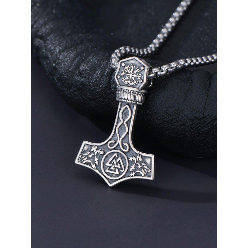 Cargari Thor Hammer Necklace Sterling Silver Mjolnir Pendant Viking Runes