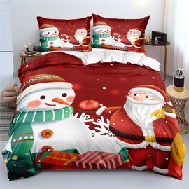 Gezu Christmas Bed Linen Set 135 x 200 cm Santa Claus Snowman Pattern Boys and Girls Christmas Gift Microfibre Christmas Red Duvet Cover 135 x 200 cm with Pillowcase 80 x 80 cm