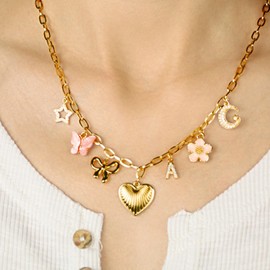 HOLINSE Initial Charm Necklace for Women, Gold, Pink Charms, Heart, Bow, Butterfly, Flower, Star, Moon, 14k Gold Plated, Cubic Zirconia, Whimsical Style, Women's Accessory