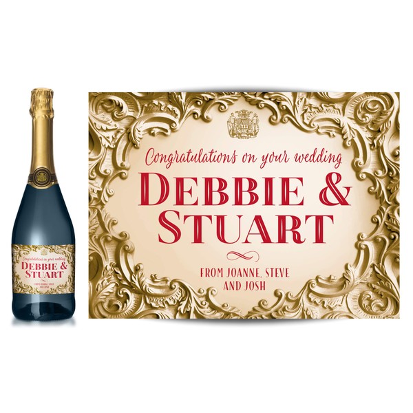 TigerMill Publishing Personalised Gold Baroque Champagne Labels for Any Occasion – Birthday, Wedding, Engagement, Anniversary, Hen Night, Christmas, Congratulations (Gold/Red Type)