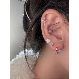 Dainty Cross Heart Helix Stud Earrings for Women Girls 925 Sterling Silver Crystal CZ Love Hearts Screw Back Ball Tragus Barbell Labret Small Studs Earring Cute Faith Jewelry Gifts 18G (Colorful CZ)