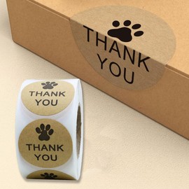 500 Pcs Kraft Pet Paw Labels Stickers 1" Kraft Thank You Sticker Labels Round Kraft Label Stickers for Baking Envelope Seals Small Business Greeting Cards Present for Sealing and Decoration