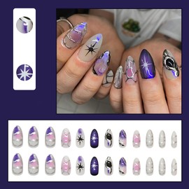 RIICFDD Purple Press on Nails Medium Almond Fake Nails Star False Nails Irregular Silver Stripe Glue on Nails Full Cover Artificial Glossy Acrylic Nails Stick on Nails for Women Nail Decor 24 Pcs
