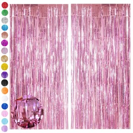 Pink Foil Fringe Tinsel Backdrop,2pcs 3.2 x 6.5ft Pink Foil Curtain Decoration,Pink Metallic Tinsel Foil Fringe Curtain for Mermaid Birthday Baby Shower Mama Mia Bachelorette Pink Princess Party