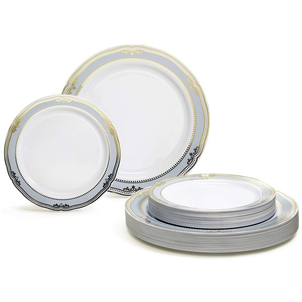 " OCCASIONS " 50 Plates Pack (25 Guests)-Wedding Party Disposable Plastic Plate Set -25 x 10.25'' Dinner + 25 x 7.5'' Salad & Dessert plates (Scalloped in White/Blue & Gold)