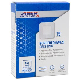 2" x 2" Dressing (1x1 Pad) AMERX Bordered Gauze - Adhesive Bandages - Water Resistant Barrier - Self Adhesive Border - Breathable, Hypoallergenic - 15 Pads Per Box