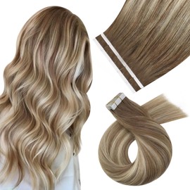 Moresoo Tape in Hair Extensions Real Human Hair Balayage Balayage Light Brown with Medium Blonde Human Hair Extensions Tape in 24 Inch 10pcs/25g #8/22/8