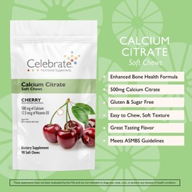 Celebrate Vitamins Bariatric 500mg Calcium Citrate Soft Chews with 500 IU Vitamin D3 – Essential for Gastric Bypass Patients & Bone Health - Sugar & Gluten Free, Cherry (90 Chews)