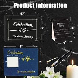 3 in 1 Leather Funeral Guest Book - Celebration of Life Guest Book for Memorial Service, 9x7 Inches Blue Memorial Book for Funeral Service to Sign in, 1 Black Pen| Memory Table Sign| 1 Guest Book