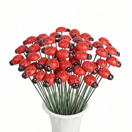XIGUI 50pcs 9.8 Inch 3D Artificial Ladybug Decor, Mini Ladybug Garden Stakes Decoration for Pots Yard Lawn Ornaments Waterproof Flower Stick Outdoor, Flower Bed Outdoor Plant (Red)
