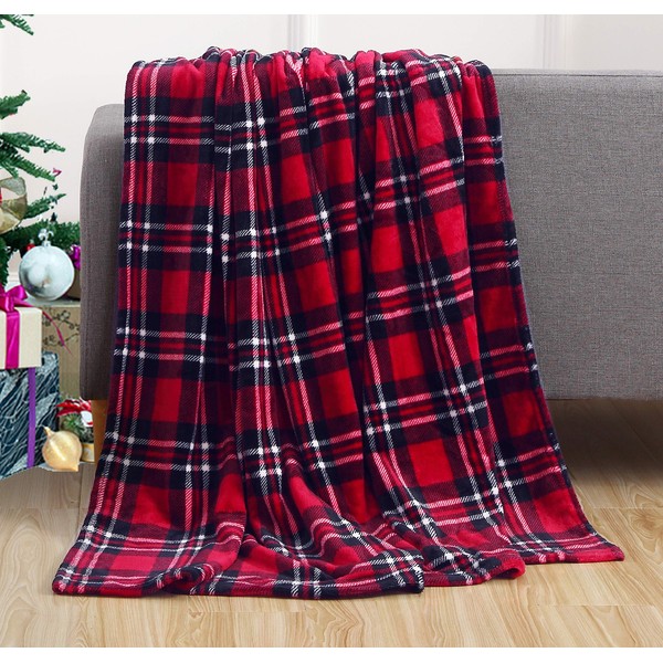 Elegant Comfort Luxury Velvet Super Soft Christmas Prints Fleece Blanket-Holiday Theme Home Décor Fuzzy Warm and Cozy Throws for Winter Bedding, Couch and Gift, 50" x 60", Red Plaid
