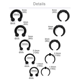 Dyknasz Septum Pincher Tapers 14G 12G 8G 6G 4G Large Septum Rings Internally Threaded Spike Horseshoe Barbell Stainless Steel & Acrylic C Shape Buffalo Stretcher Expander Septum Stretching Kit Black