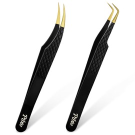 2 Pack Eyelash Extension Tweezers, Professional Pointed & Slanted Tweezers for Eyelash Lifting, Lash Extension Application, False Eyelashes, Made of Premium Surgical Stainless Steel (Black)