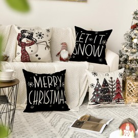 AVOIN colorlife Merry Christmas Snowman Let It Snow Black Throw Pillow Covers, 18 x 18 Inch Xmas Tree Winter Holiday Cushion Case Decoration for Sofa Couch Set of 4