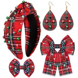 NVENF Christmas Headbands for Women, Holiday Headbands, Christmas Hair Bows, Red Plaid Headbands Hair Bow Clips Earrings, Christmas Accessories Outfits, Holiday Accessories Gifts (Pattern A)