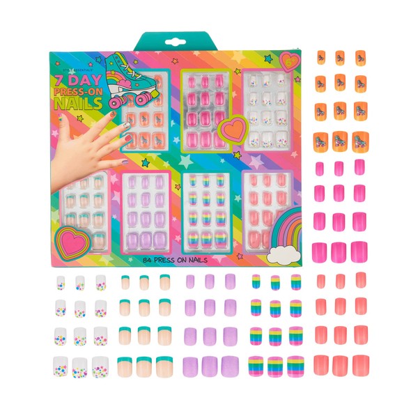 Expressions 7 Day Manicure Collection by Style Essentials - 84PC Press On Nail Set, Day-Of-The-Week Adhesive False Nails for Girls (BRIGHT RAINBOW Collection) – Colorful Novelty Designs Stick On Nails For Kids