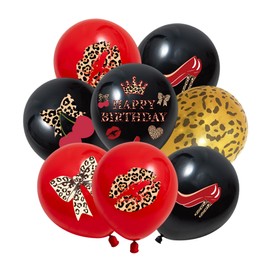 Cheetah Print Decorations Balloons Set - 36 Pcs Gold Black Red Cheetah Print Balloons with Lips Cherry Heart Bow Pattern for Women Girls Jungle Safari Animal Themed Party Decor Supplies