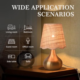 Gold Small Bedside Table Lamp for Bedroom, Brass Gold Mini Table Lamps for Nightstand, Rattan Shade Table Lamps for Small Spaces for Kitchen Counter, Bookshelf, Bedroom, Living Room, Kids Dorm