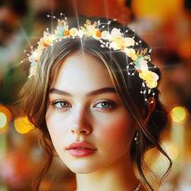 Zehope Light Up Flower Wedding Headbands LED Pearl Floral Headpiece Princess Bridal Hair Accessories for Women