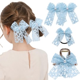 HAIMEIKANG Lace Hair Bow Clips for Girls - Pearl Tulle Bow Claw Clips Hair Ties Pins Hair Barrettes with Bow Accessories Variety Style for Women Girls Teens Kids Set of 4 (Blue)