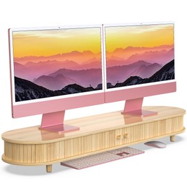 WELL WENG Bamboo Monitor Stand with Storage, Curved Computer Laptop Stand Desk Shelf Organizer with Sliding Doors (25 inch)