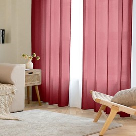EMEMA Set of 2 Sheer Voile Curtains with Eyelets Transparent Voile Polyester Eyelet Curtain Transparent Living Room Airy Decorative Curtain for Bedroom 140 x 137 cm Red
