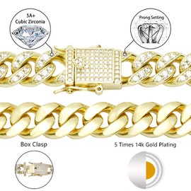 GOLD IDEA JEWELRY 12mm Iced Out Cuban Link Chain Choker 14k/White Real Gold Plated Bling 5A+ Cubic Zirconia Diamond with Prong Setting, Anti-Tarnish, Not allergies, Hip Hop Necklace for Men (22, 12mm 14k-Gold-Plated)