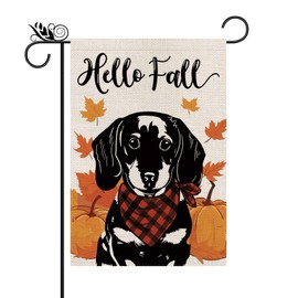 Hello Fall Garden Flag Dachshund Dog Pumpkins Double Sided Vertical Seasonal Autumn Outdoor Yard Lawn Decorations 12.5 x 18 Inch
