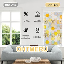 OHTMERU 3D Stained Glass Window Privacy Film, Heat Control UV Blocking Static Cling Decorative Window Film for Bathroom,Front Door,Home Non Adhesive, Honey 16.9 x 39.3 inches