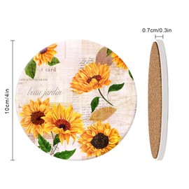 ATEDEANEI Vintage Sunflower Drink Coasters with Holder, Ceramic Absorbent Coaster Sets of 4,Non-Slip Cork Base,Housewarming Gifts