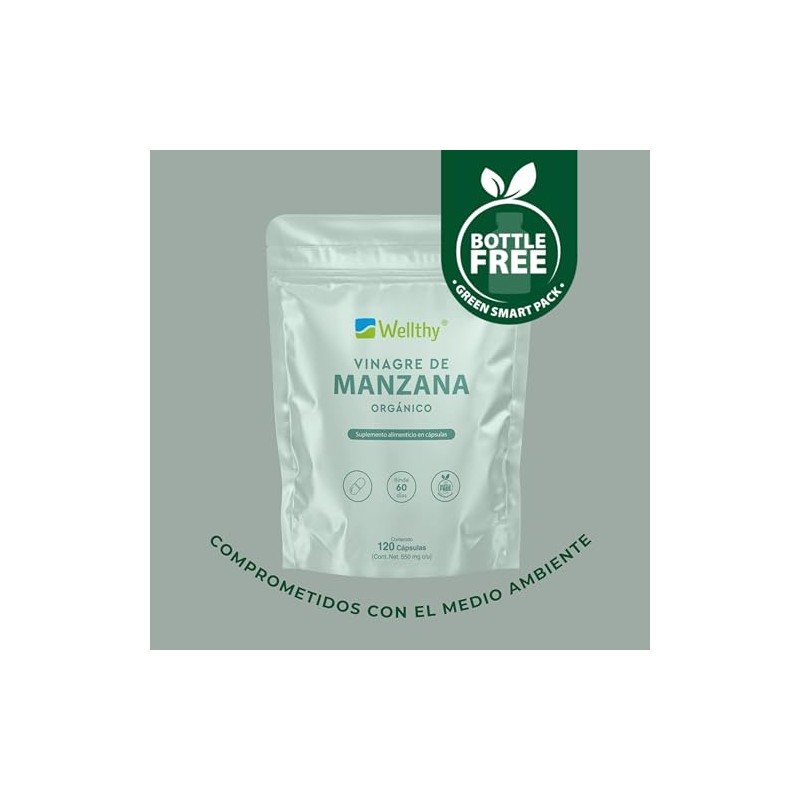 Wellthy Vinagre Manzana 120 Cápsulas 550mg Suplemento Alimenticio Orgánico Vegano