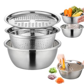 Multifunctional Stainless Steel Basin, Graters for Kitchen, 3 in 1 Multifunctional Kitchen Grater, Stainless Steel Grater Basin, Kitchen Grater Set, Kitchen Tools 3 Set, 26cm