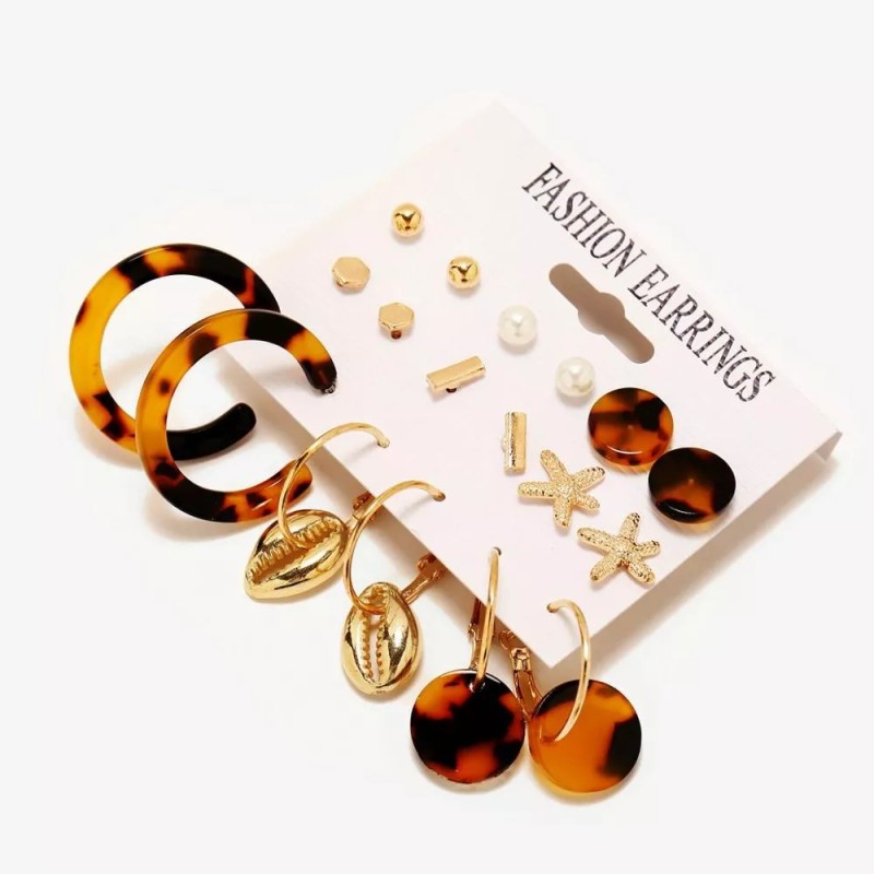 Deluxe Set Aretes 9 En 1 Playa Concha Mar Carey