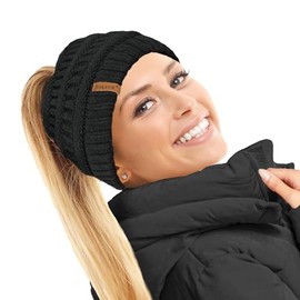 TOSKATOK Ladies Thermal Teddy Fleece Lined Ponytail Beanie Hat-Black