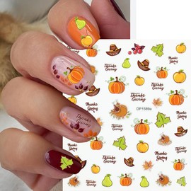 Autumn Nail Stickers Pumpkin Nail Art Stickers Fruit Nail Decals Fallen Leaves Maple Leaf Pear Grapes Hat Design Orange Thanksgiving Sticker for Nails DIY Manicure Decoration for Women 6 Sheet