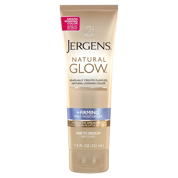 Jergens Natural Glow +FIRMING Self Tanner, Sunless Tanning Lotion for Skin Tone, Anti Cellulite Firming Body Lotion for Natural-Looking Tan, Ounce, Fair to Medium, Fresh, 7.5 Fl Oz(Packaging May Vary)