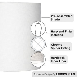 White Tall Linen Large Drum Lamp Shade 14" Top x 14" Bottom x 15" High (Spider) Fully Assembled Replacement with Harp and Finial for Table Lamps - Springcrest