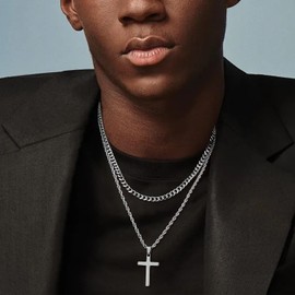 Fiusem Cross Necklace for Men, Silver Tone Mens Cross Necklaces Layered Stainless Steel Pendant Small, Cuban Link Rope Chain 16in/18in