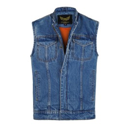 Leatherick Men's Heavy Denim Motorcyclist Vest with Concealed Carry Arms, blue